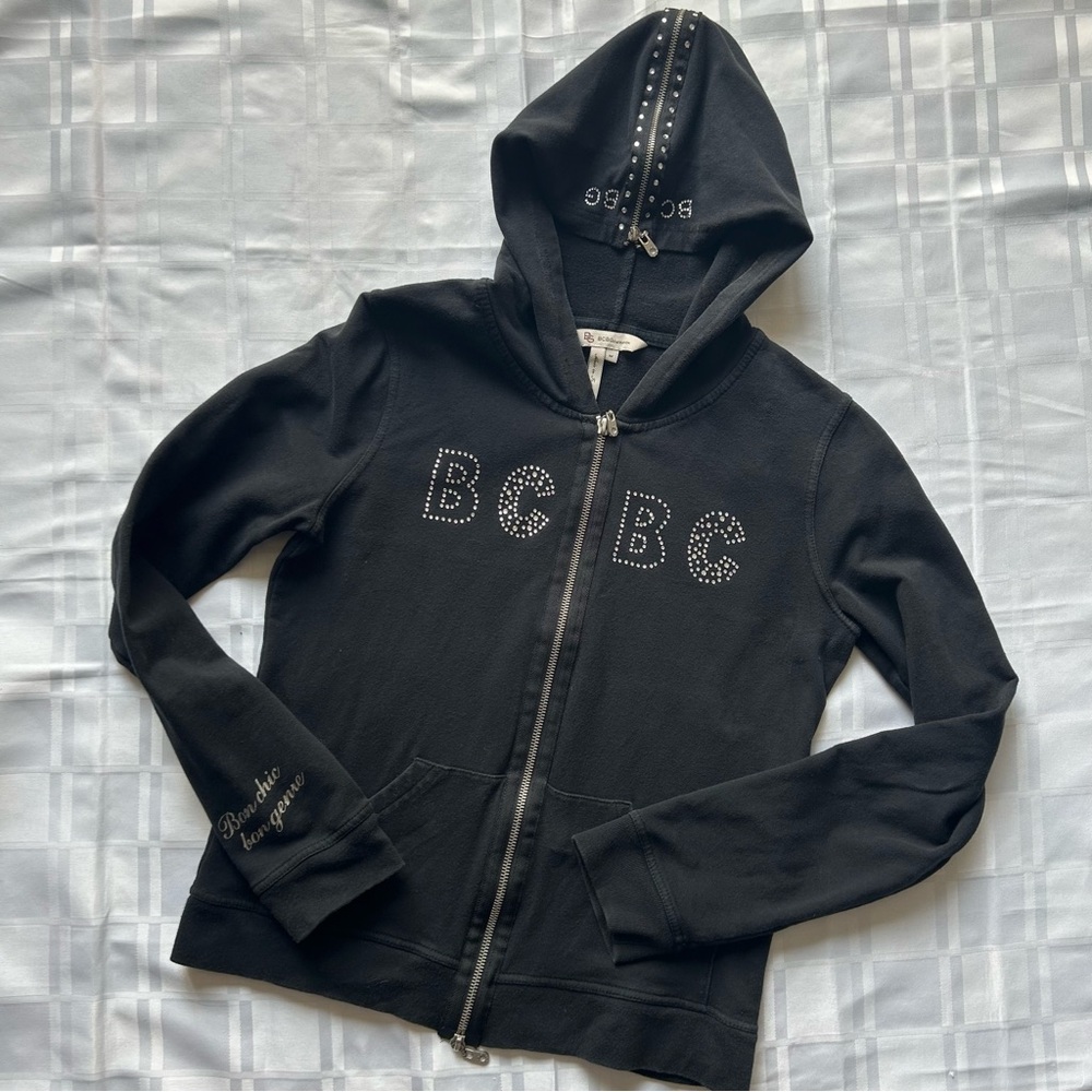 BCBGeneration Y2K Black Full Zip Silver Rhinestone Hoodie